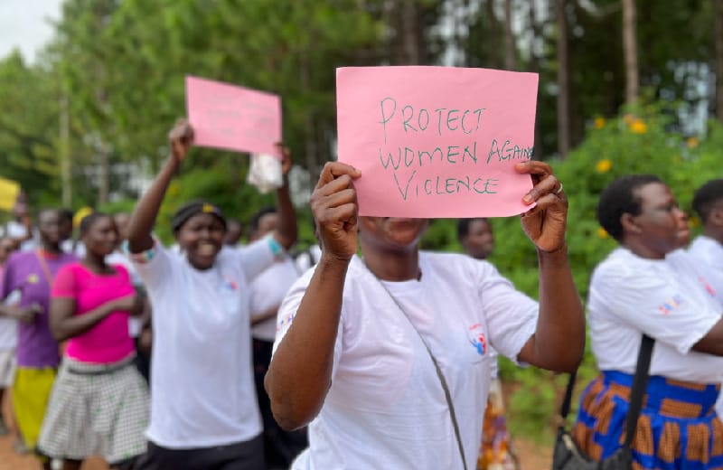 MEMPROW Community doing awareness during a GBV Camp of 16days campaign in Zombo 